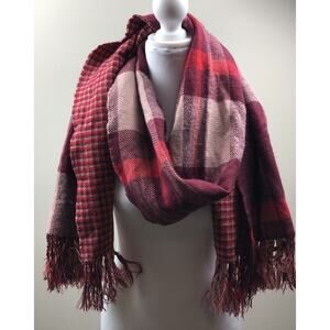 A New Day Shawl Scarf Women Red Plaid Wrap Blanket Reversible Fringe 74 X 21
